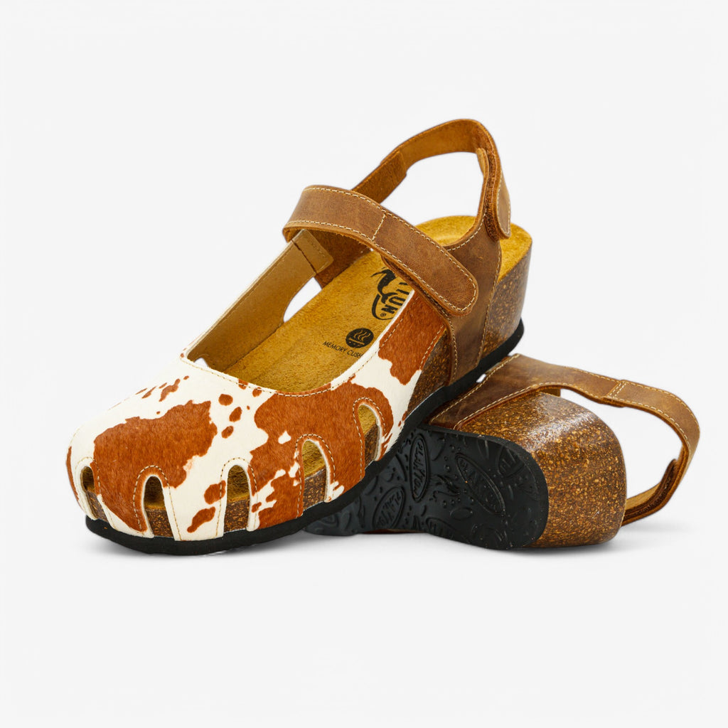 Amy Wedge Womens Sandal - Cow Print/Tan Apure (pony hair)
