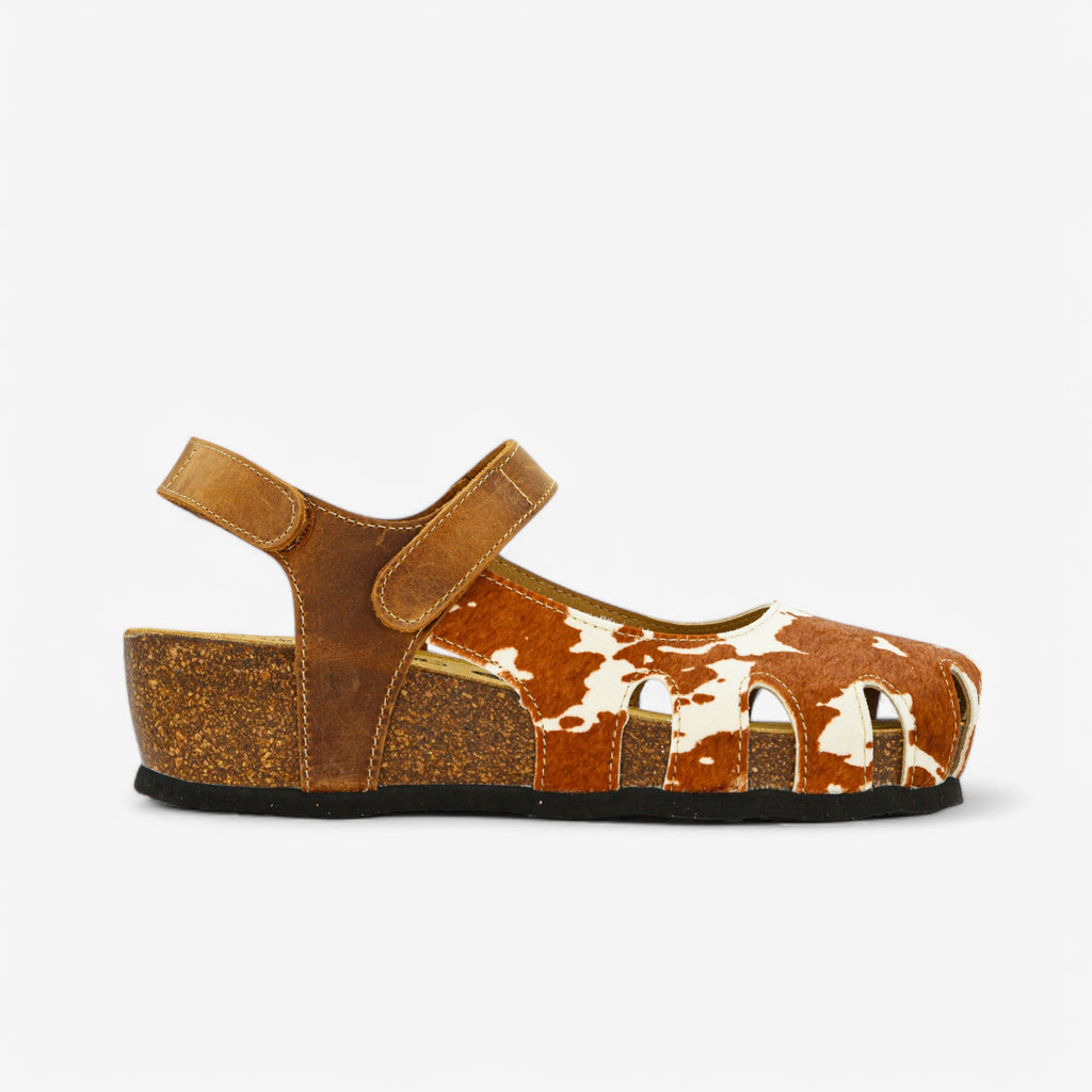 Amy Wedge Womens Sandal - Cow Print/Tan Apure (pony hair)